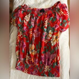 Cynthia Rowley Red Floral Off-Shoulder Tunic with Green Leaves